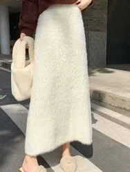 2024 Knitted Skirt Women Long Skirts 2023 Autumn Winter Warm High Waisted Korean Fashion Solid Casual Elegant Faux Fur Skirt