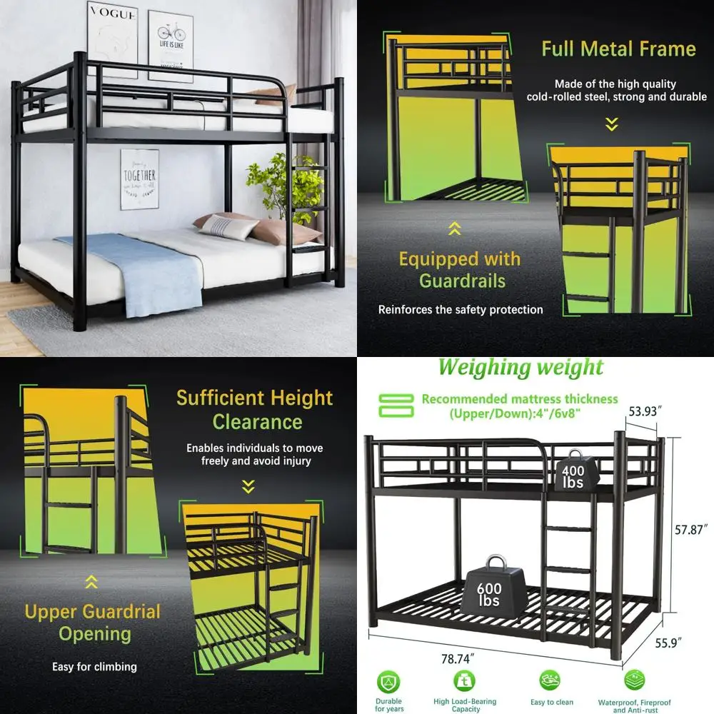 أسرة مزدوجة بطابقين كاملة مع سلم عريض قابل للفصل، ودرابزين كاملة الطول، وتصميم هادئ لحلول النوم ذات الإطار المنخفض