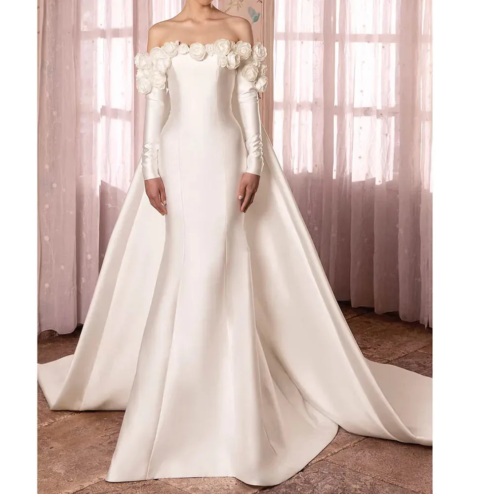 Customized 3D Flowers Wedding Dresses for Elegant Women Off the Shoulder Royal Train Long Sleeve Formal Occasion Dress Luxury