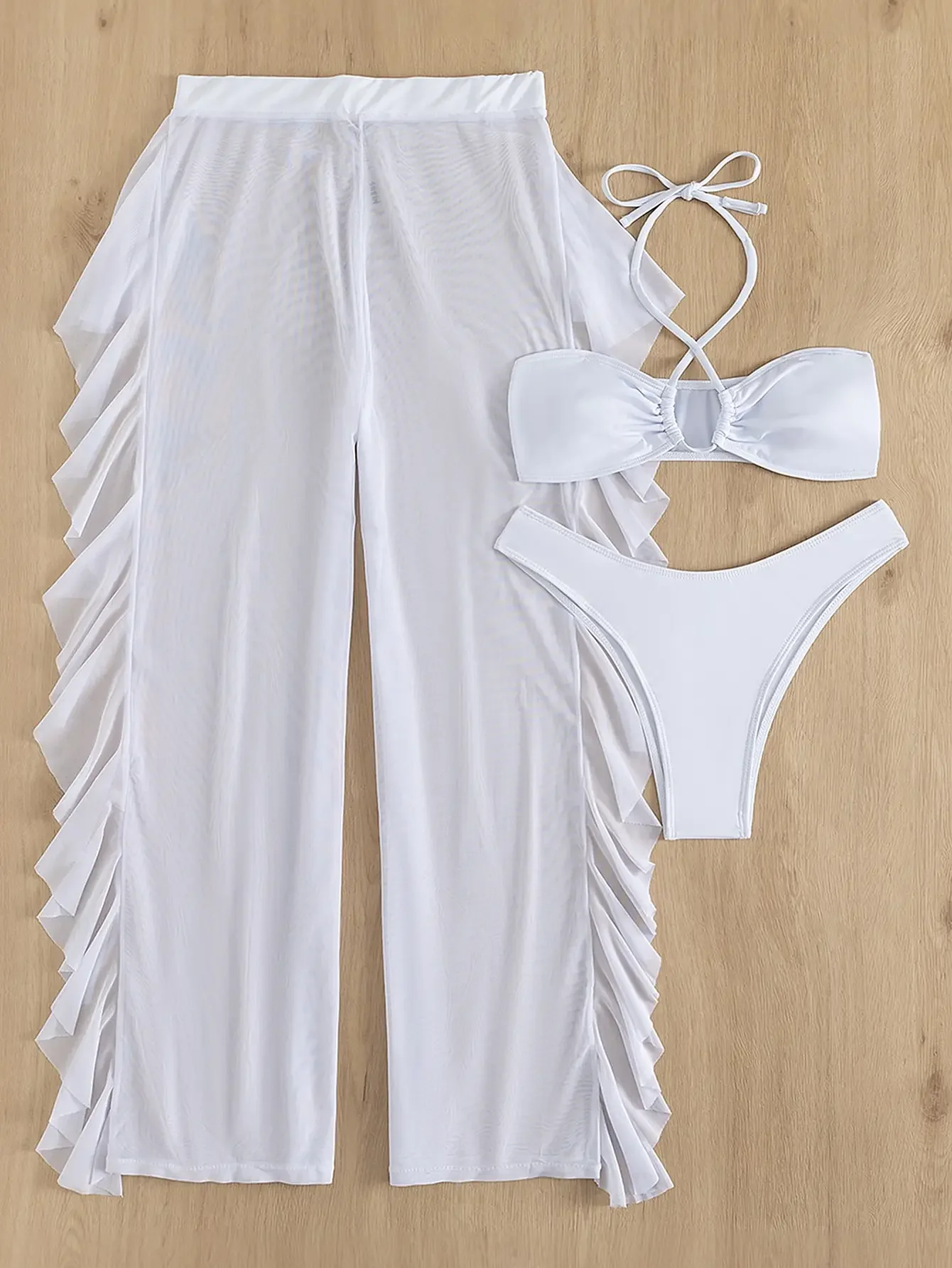 White Criss Cross Halter Bikini Set With Ruffle Pants Bandeau Swimsuit Women 2024 3 Pack Swimwear Female Thong Bathing Suit