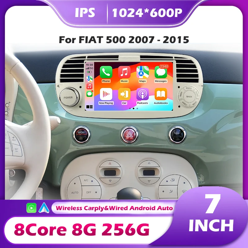 Radio Multimedia para Auto con GPS, Android 16, Pantalla de 7 Pulgadas, Compatible con Carplay Inalámbrico, para FIAT 500 2007-2015, Reproductor de Video, Estéreo, Autoradio