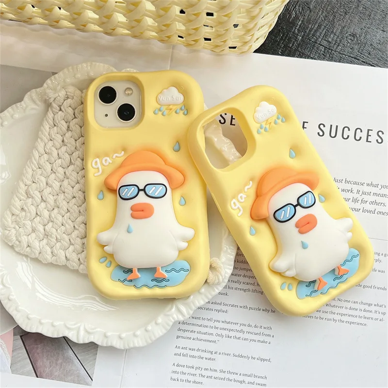 3D niedliche Cartoon-Ente, weiche Silikon-Teleskophalterung, Handyhülle für iPhone 15, 14, 16, 13, 12, Pro Max, stoßfeste Schutzhülle
