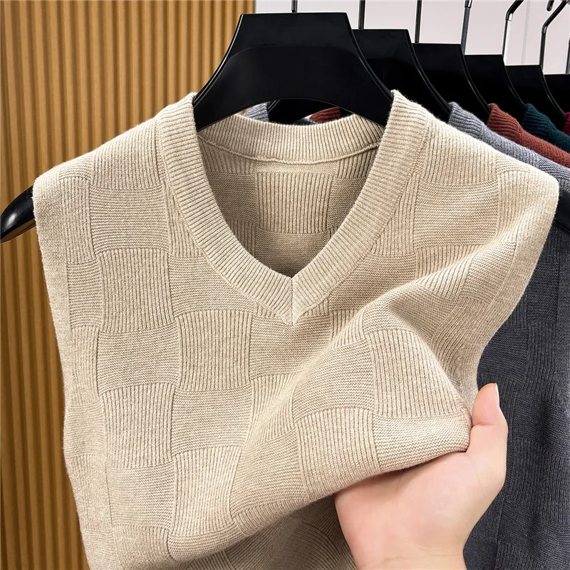 Men V Neck Knitted Sweater Vest Checkered Texture Sleeveless Pullover Solid Color Casual Business Waistcoat Autumn Tops