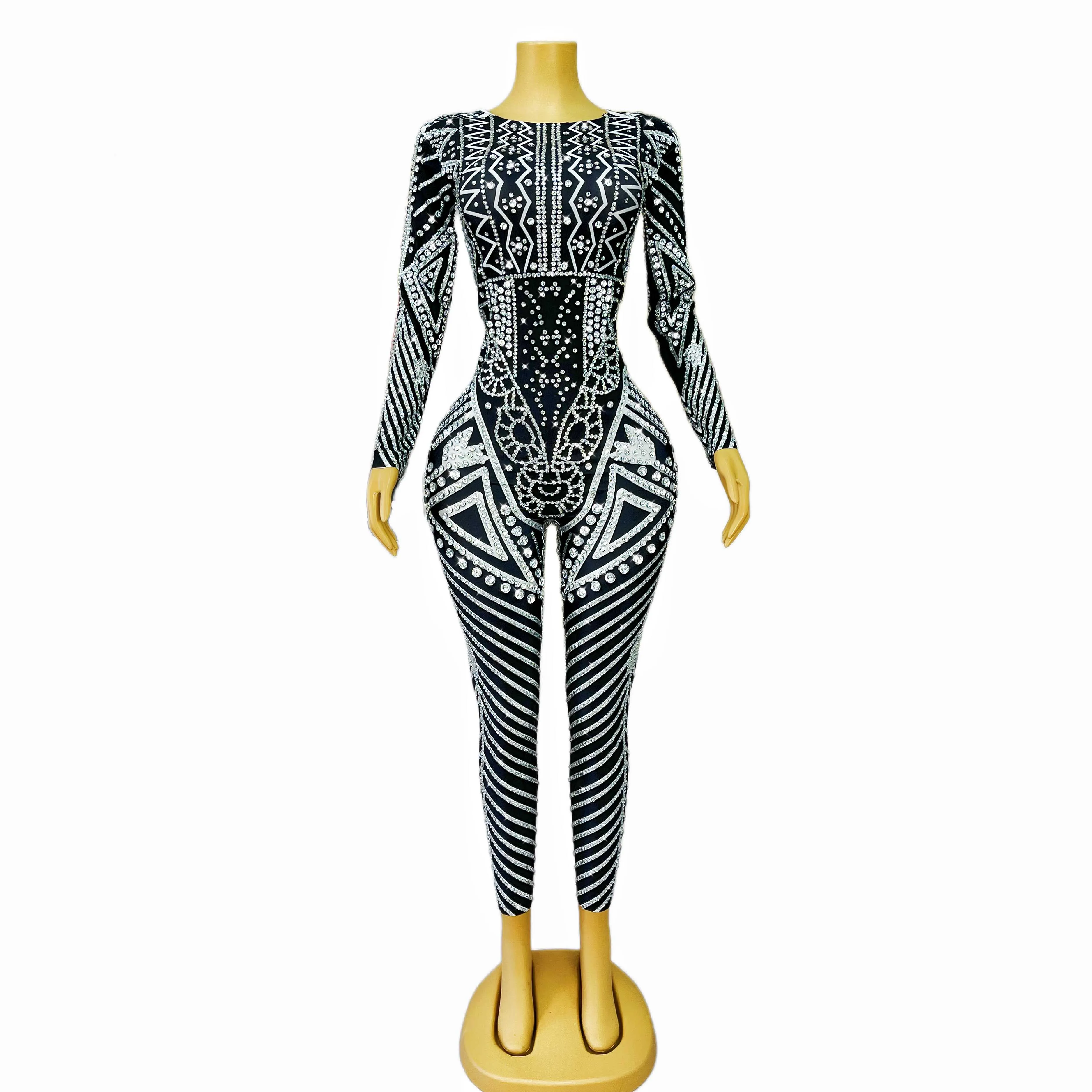 

New Designed Bodysuit Sparkly Rhinestones Long Sleeves Jumpsuit Special Stage Costume Dance Show Outfit Club vestido Mawenku