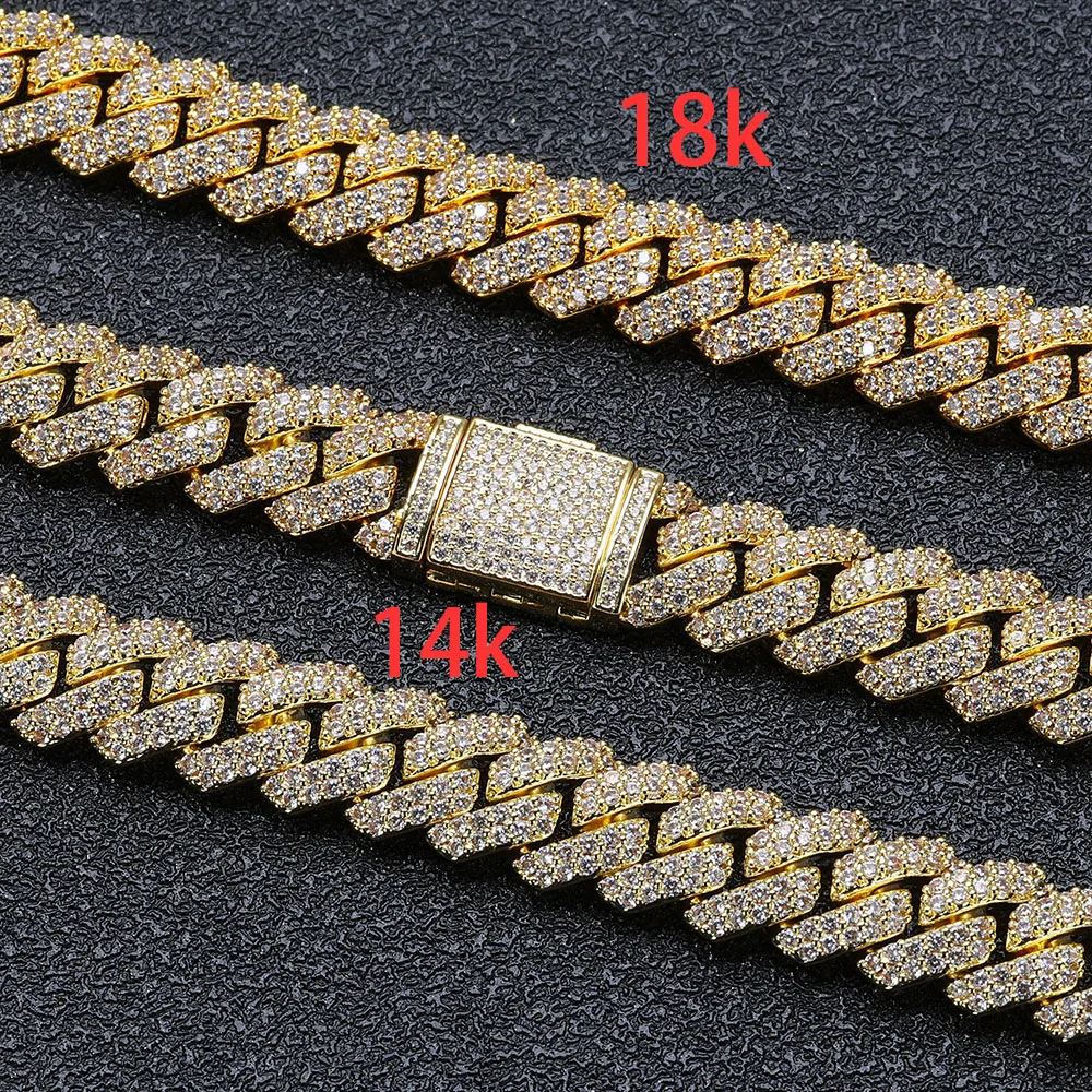 HHIOK 10mm Miami Cuban Link Chain Double Row 5A Zircon Rhombus 14k Gold Plated Iced Out Cuban Necklace Men Hip Hop Bling Jewelry