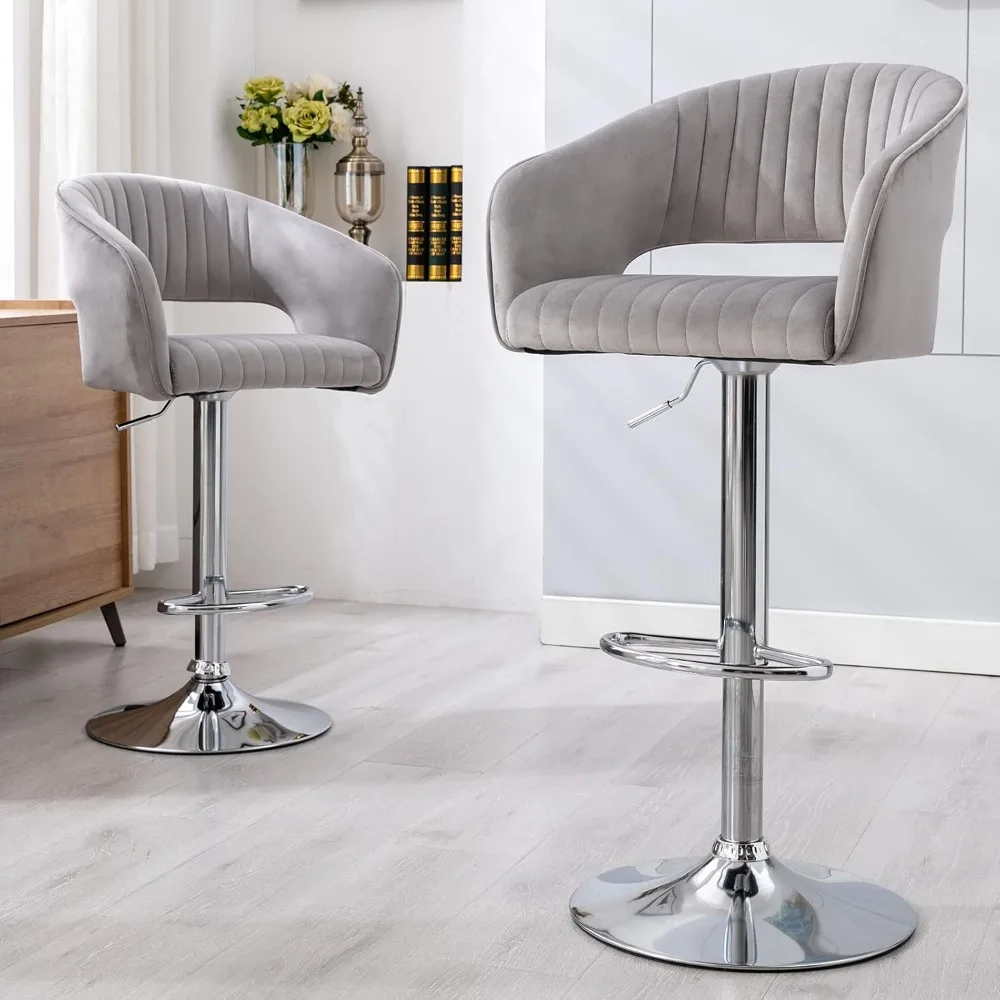 Juego ajustable de 2 taburetes de bar giratorios de terciopelo moderno, sillón con respaldo hueco, base cromada, cocina y pub