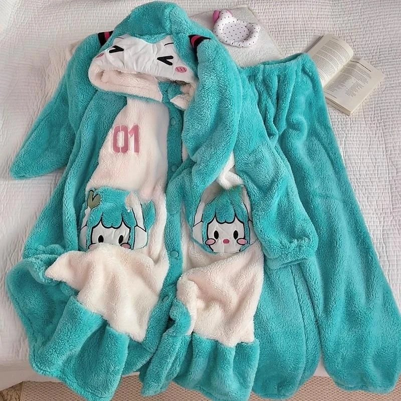 

Hatsune Miku Cartoon Girl Autumn and Winter Style Coral Velvet Plus Velvet Thickened Warm Hooded Nightgown Home Clothes Set