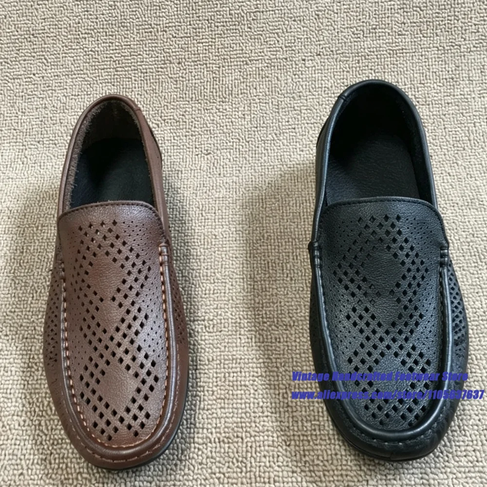 Men's Brown/black Hollow Out Leather Loafers Breathable Slip On Shoes Non-Slip Dress Shoes ﻿Vintage Handcrafted Men's Shoes