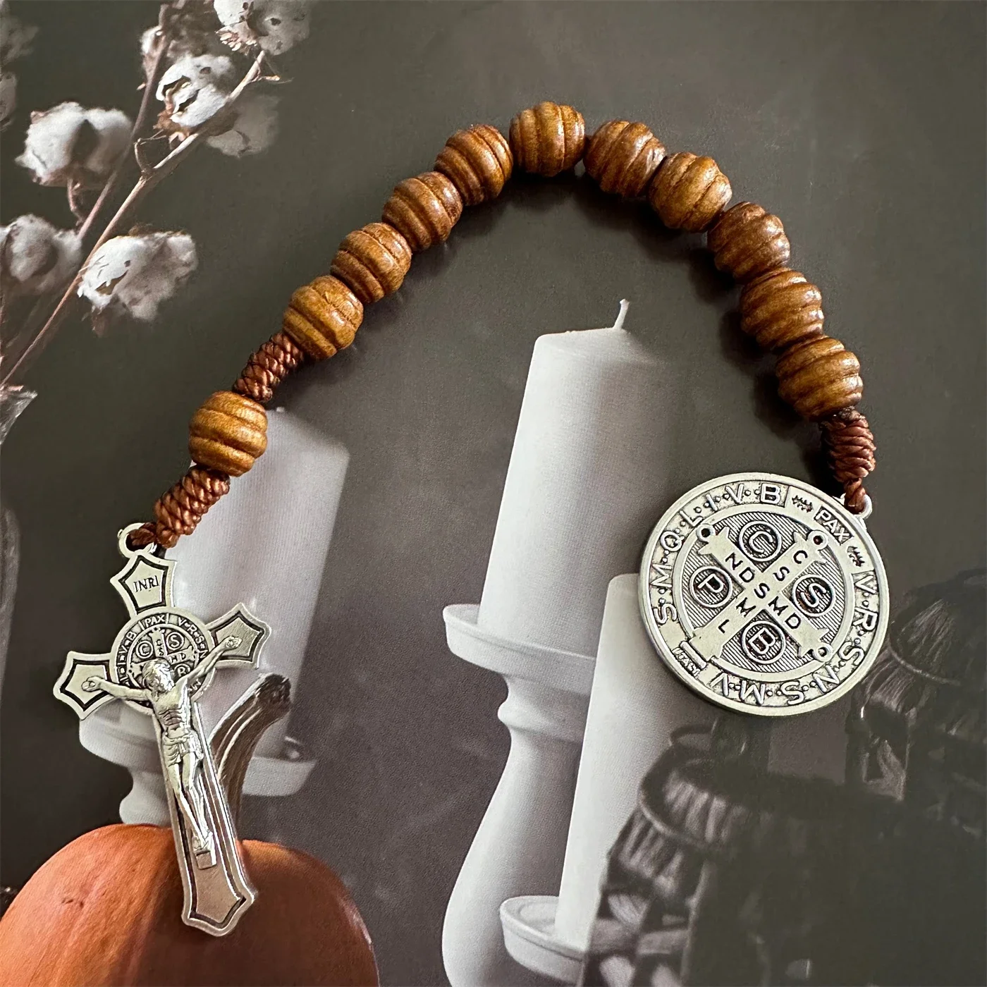 ✝ Saint Benedict Medal Pocket Rosary – Brown Wood Beads & Crucifix 5