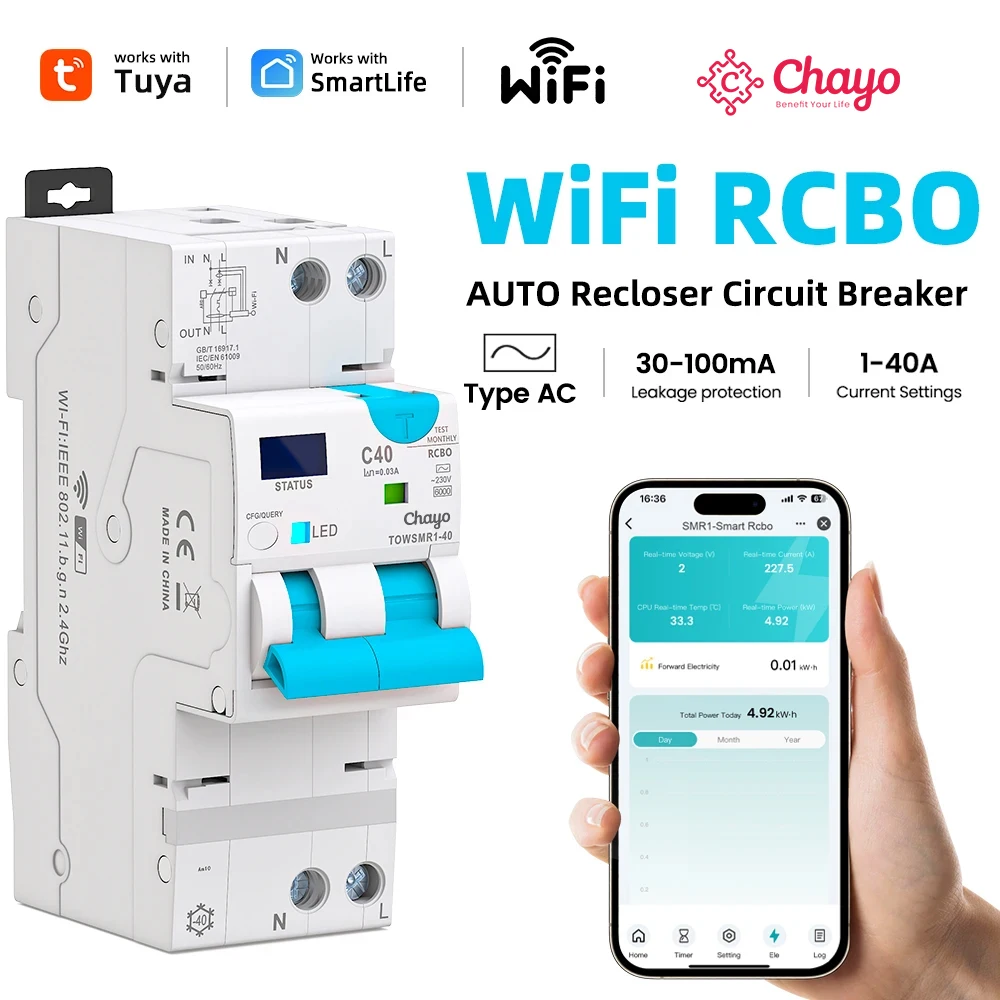 Chayo Tuya WiFi Smart Type AC RCBO-schakelaar, overstroom- en lekstroombeveiliging, LED-indicator, 20A/40A optionele DIN-railschakelaar