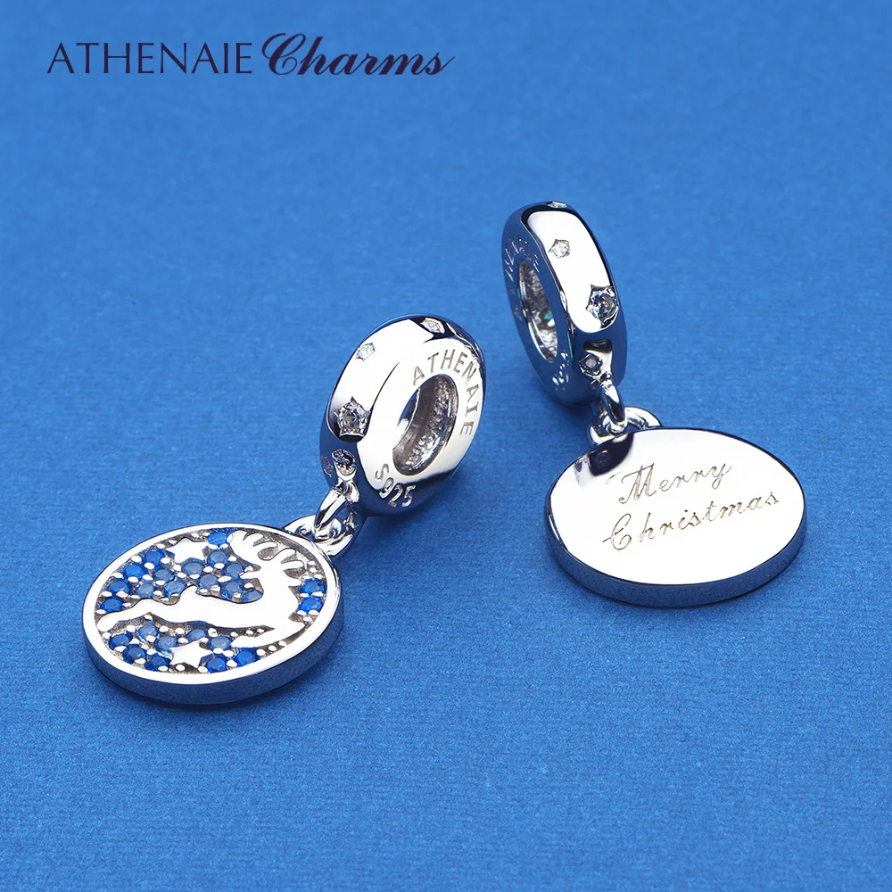 

ATHENAIE Happy 925 Sterling Silver Christams Reindeer Pendants Blue CZ Holiday Deer Dangle Charms Beads for Women Bracelet Bang