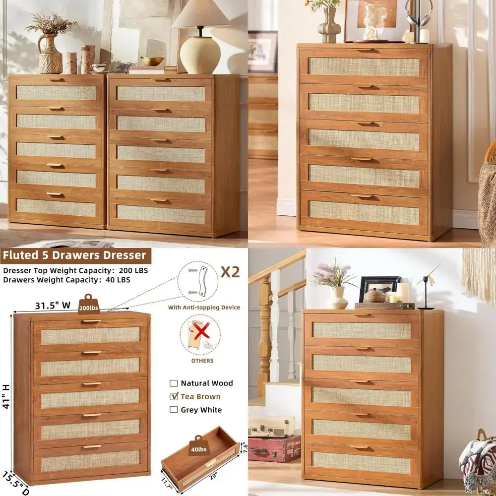 

modern boho 5-drawer light oak chest for bedroom storage, 41" tall dresser set