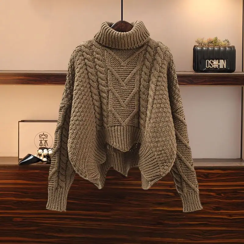 Winter Warm Two Pieces Sets For Women Outfits 2024 Turtleneck Pullover Knitted Twist Sweater+ruffles Patchwork Mesh Skirts Set