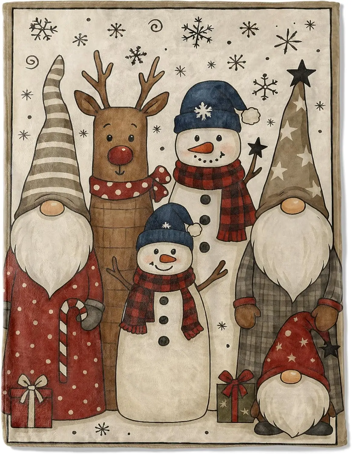 Christmas Decorative Blanket,Gnome Reindeer Snowman Snowflake Print Throw Decoration, Soft Flannel Winter Blankets for Couch Bed