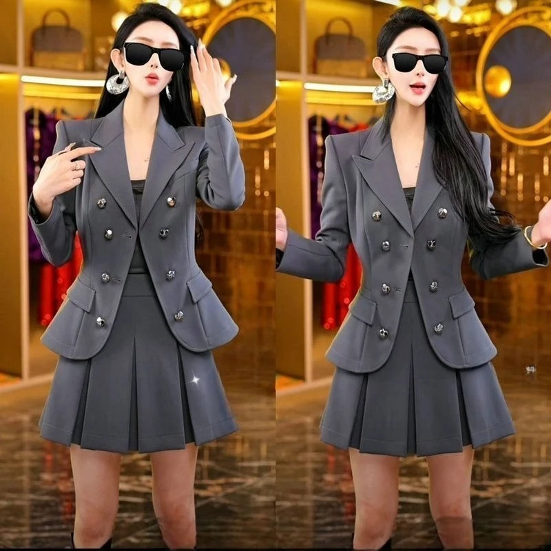 بدلة راقية وأنيقة لعام 2026 للنساء معطف آلهة موضة الربيع الجديد تنورة ذات ثنيات شابة طقم مكون من قطعتين فستان نسائي