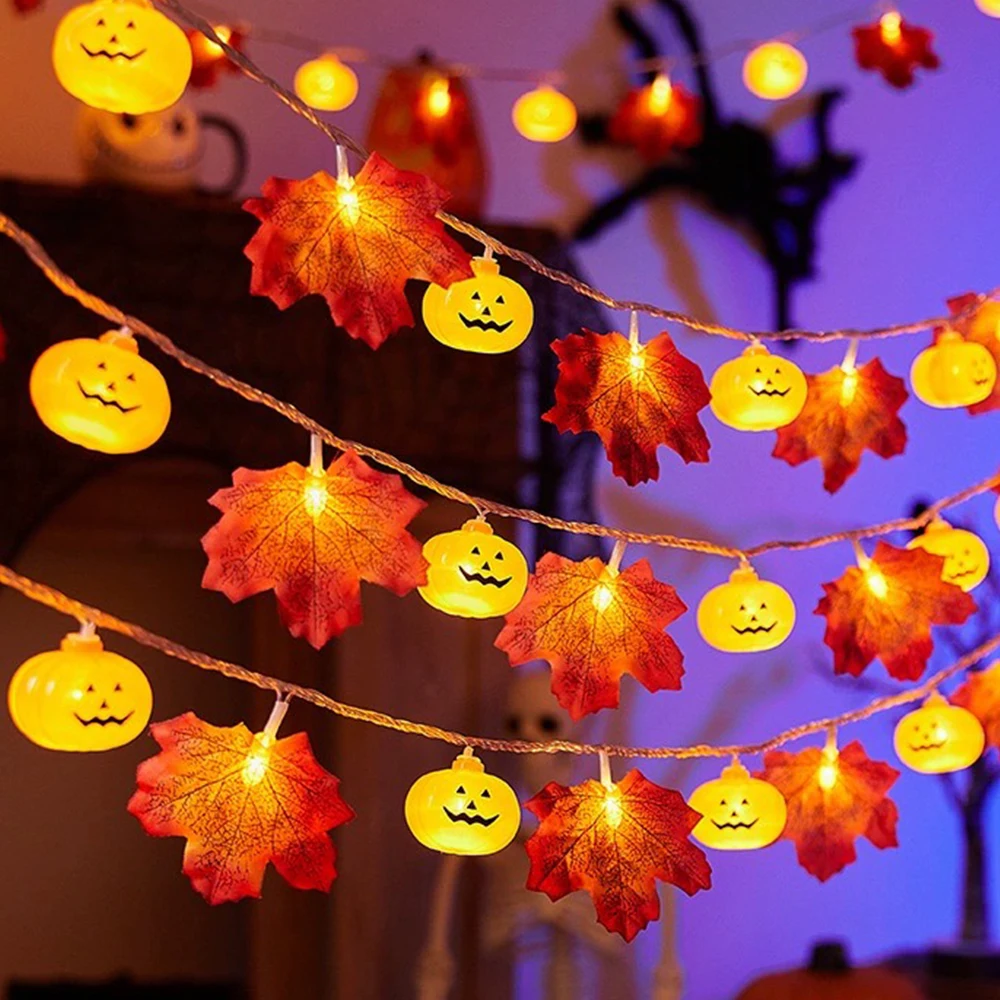 Guirnalda de luces de hoja de arce y calabaza, hojas artificiales de otoño, cadena de luces LED, decoración de otoño para fiesta en casa, Halloween, Acción de Gracias