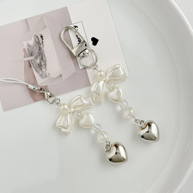 Heart Pearls Bowknot Phone Chain Fashionable Heart Bowknot Keychain Phone Strap Chain For Women’s Daily Use