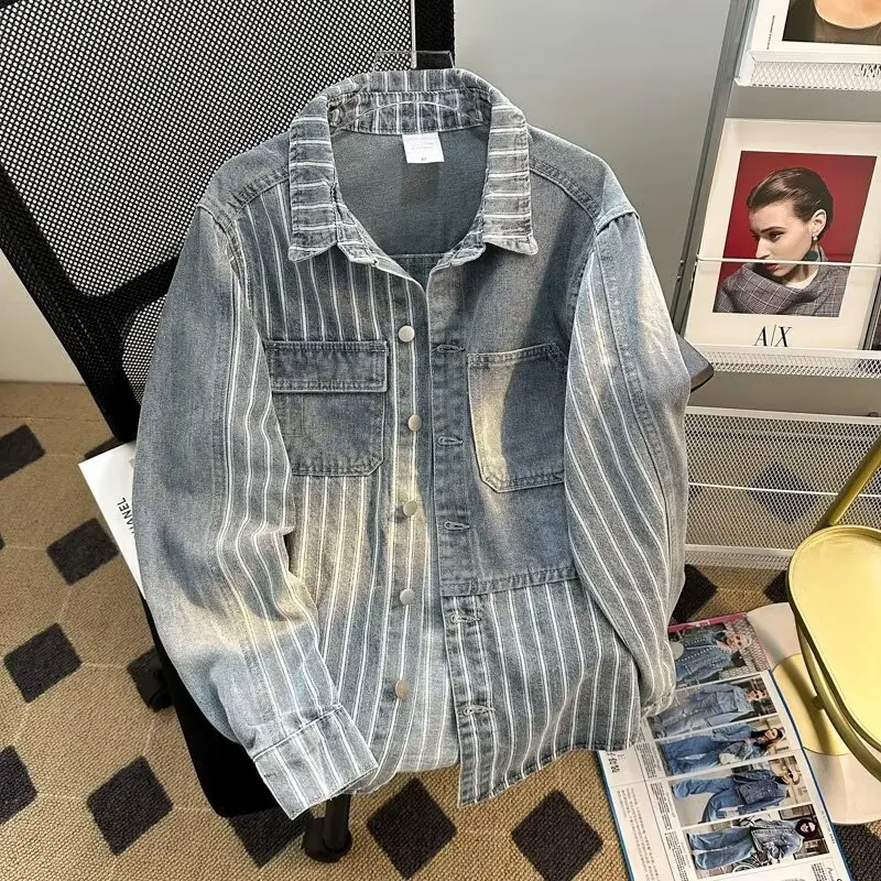 Blue Stripe Stitching Pocket Denim Jackets Men's Women's Fashion Casual Denim Jackets Handsome Male Retro Loose Comfort Jacket