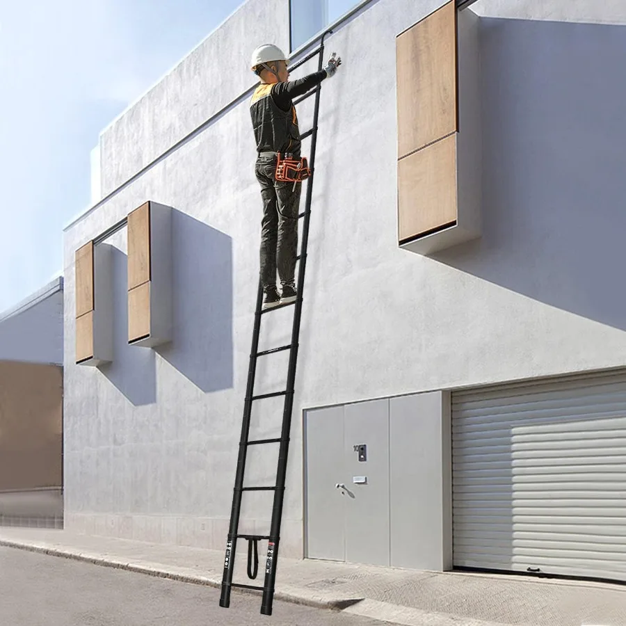 Scala di estensione telescopica telescopica da 16,5 piedi Scala leggera allungabile nera in alluminio per tetto Loft Soffitta Parete RV Interio