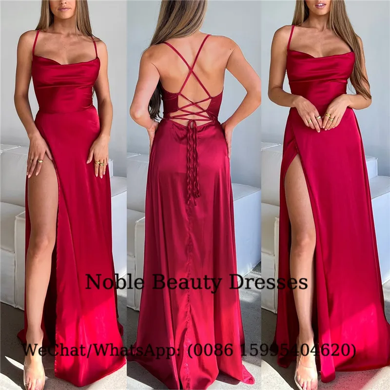 エレガントな背中の開いたロングウエディングドレス 2025 セクシーなハイスプリット弾性サテンドレスパーティー女性のためのフォーマルイブニングドレスローブ · ド · ソワレ