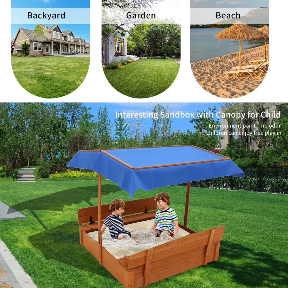 Wood Sandbox with Cover, Sand Box with 2 Bench Seats for Aged 3-8 Years Old, Sand Boxes for Backyard Garden, Sand Pit for Beach