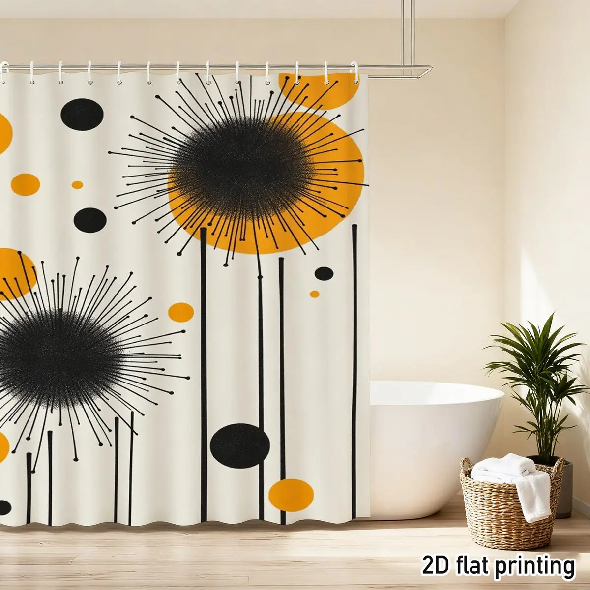 Abstract Floral Shower Curtain Black Spiky Blooms Orange Dots Cream Background Mid Century Modern Bathroom Decor