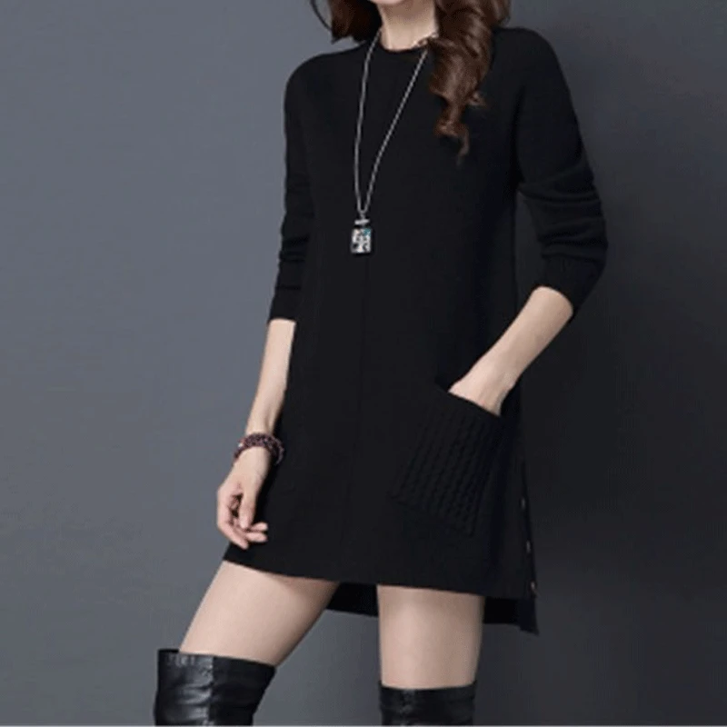 Women Korean Fashion Sweet Elegant Knitted Sweater Spring Autumn Casual Long Sleeve Pockets Loose Pullovers Irregular Tunic Tops