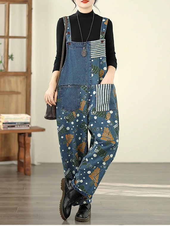 

Casual High Waist Denim Overalls Women plus Size Loose Fit Printed Slimming Jeansky Shape Casual Spring Summer Fashion