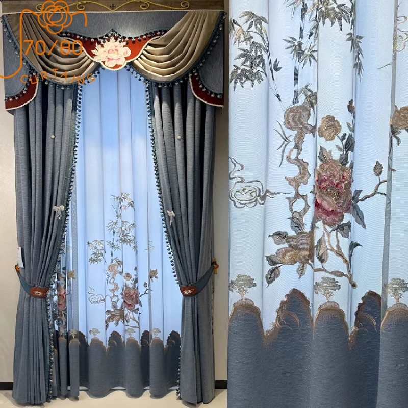 

New Embroidered Window Screen Blue Gray Jacquard Thickened Blackout Curtains for Living Room Bedroom Villa Customization Valance