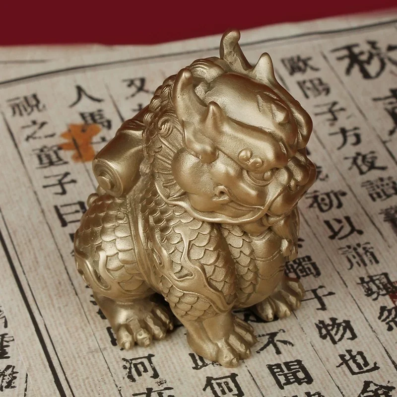 Brass Qilin Statue Chinese Kylin Figurine Feng Shui Wealth Ornament Sculpture Desktop Home Office Decor Collectible Gift
