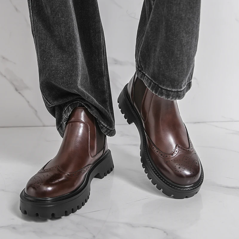 Men Chelsea Boots PU Solid Color Thick Sole High Top Block Carved Classic Men Boots Size 38-46