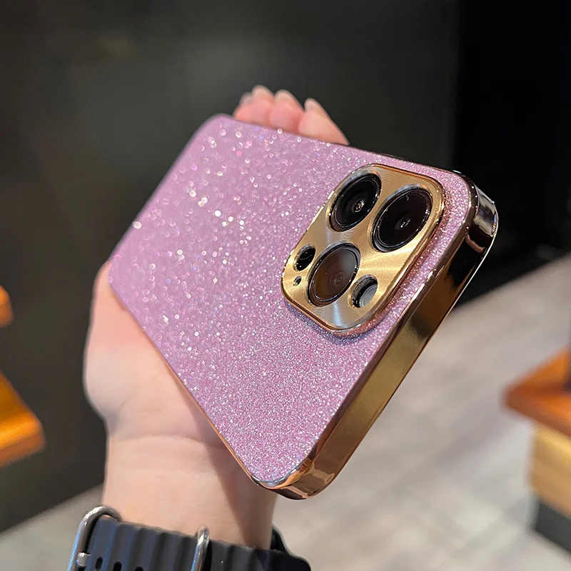 Bling Glitter Phone Case For iPhone 15 11 12 13 14 Pro Max Luxury Gold Plating Camera Lens Protection Shockproof Hard Back Cover