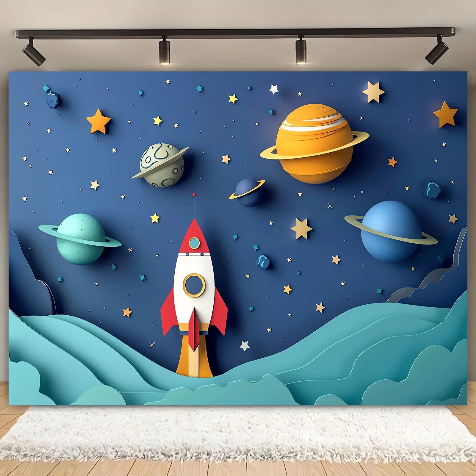 Space-Themed Photography Backdrop - Cartoon Spaceship & Galaxy Design, Polyester, Versatile For Birthday