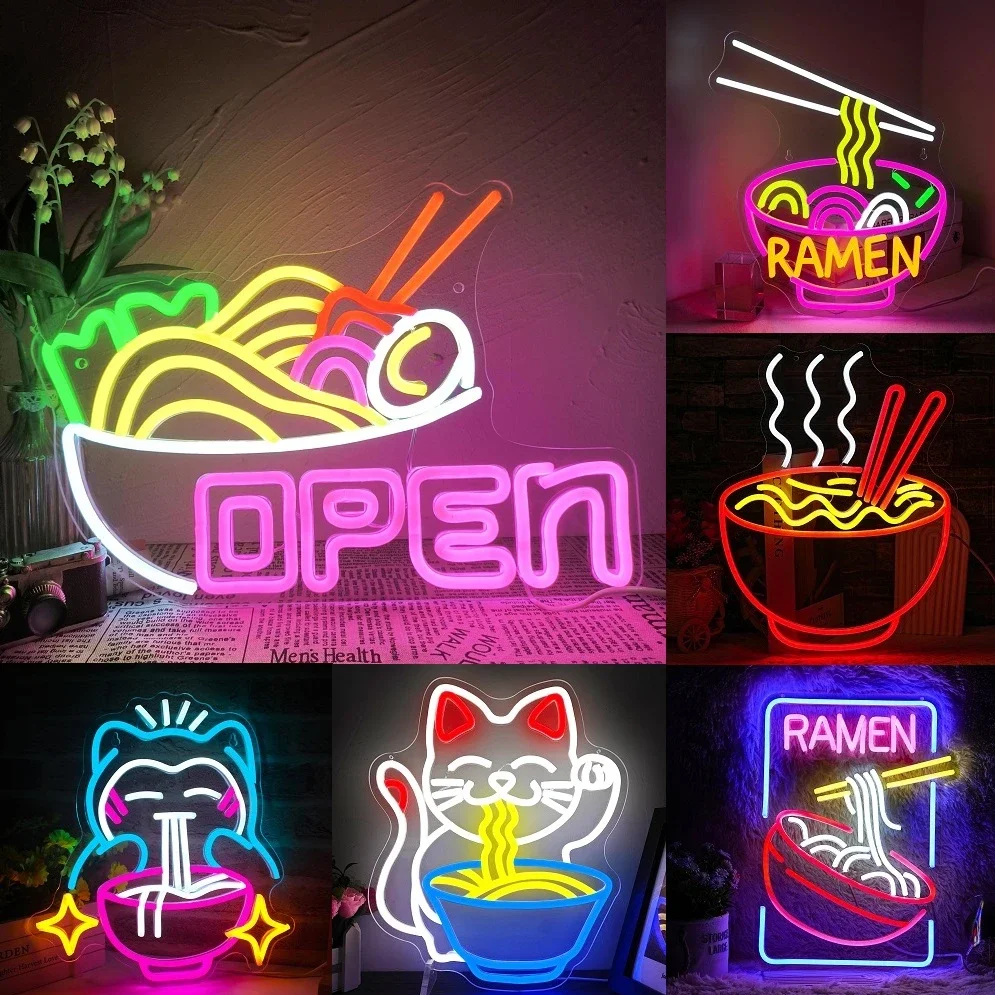 Ramen and Lucky Cat Open Neon Sign - Striking Shop Decoration Noodle House,Asian  Restaurant, Sushi Counter Ambient Lighting