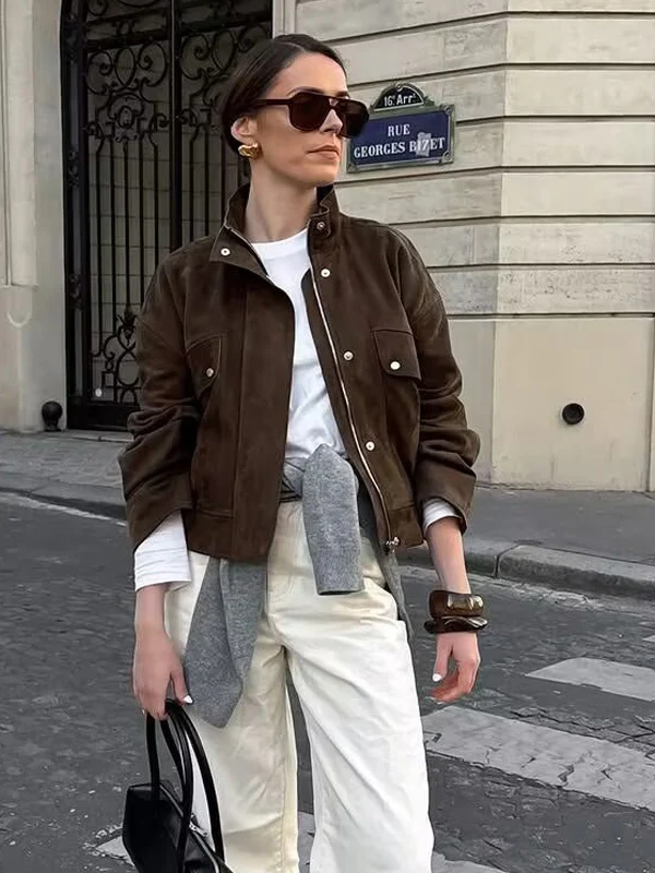 

American Retro Deer Skin Velvet Jaet Women's ort Casual Motorcycle Jaet Top Loose Fit Regular Thin Spring Season