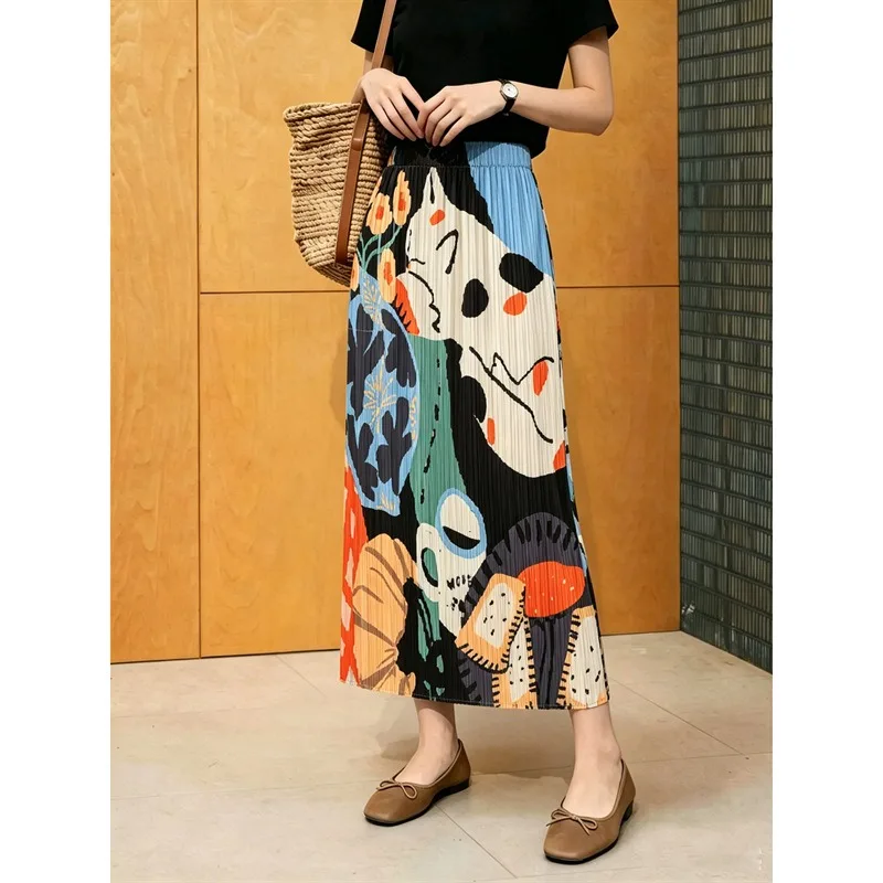 Miyake Pleated 2026 Cartoon Print Dopamine Colorful Skirt Women Summer High Waist Versatile Pleated Artistic Half Skirt Pleat