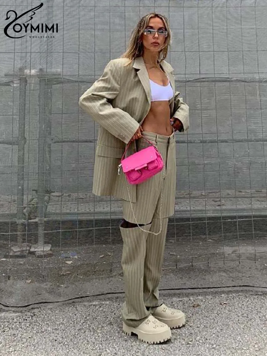 Oymimi-Blazers à manches longues et poches à boutons pour femmes, ensemble 2 pièces, tenue élégante, imprimé ingent, mode, évider, fjSets