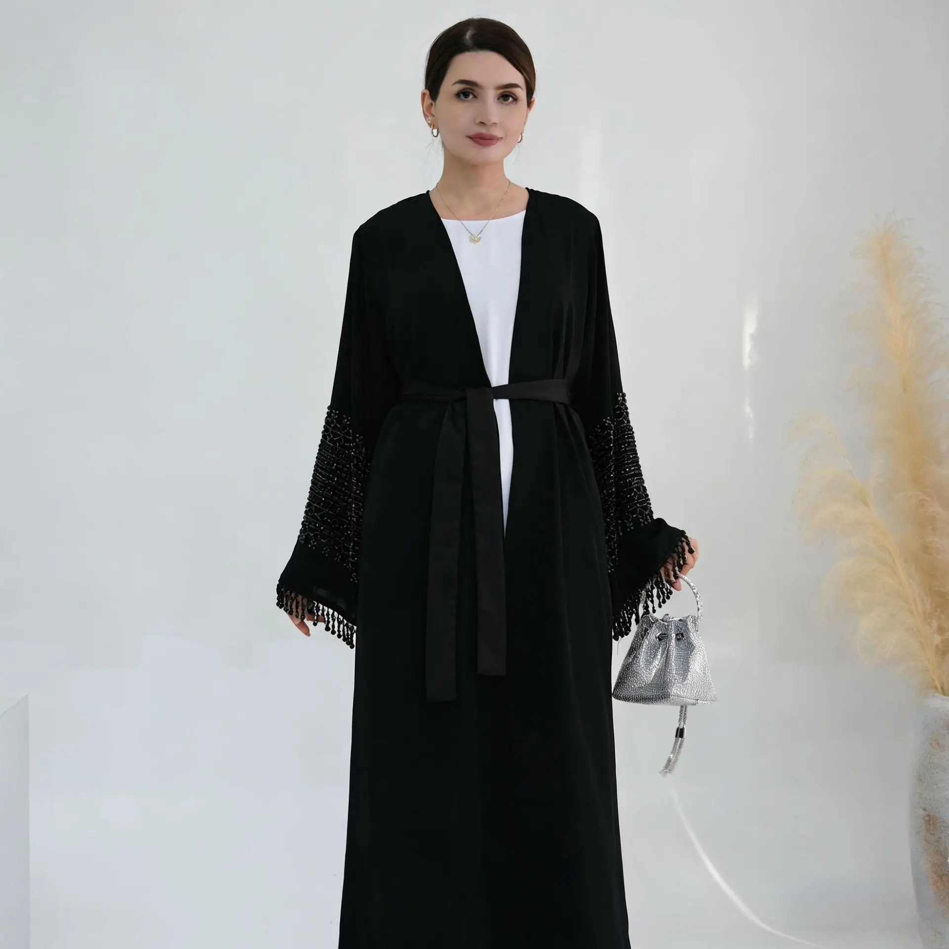 

Дубайские абайи-кимоно с бахромой и открытым передом для женщин, мусульманские платья, джалабия, кафтан, роба, арабский стиль