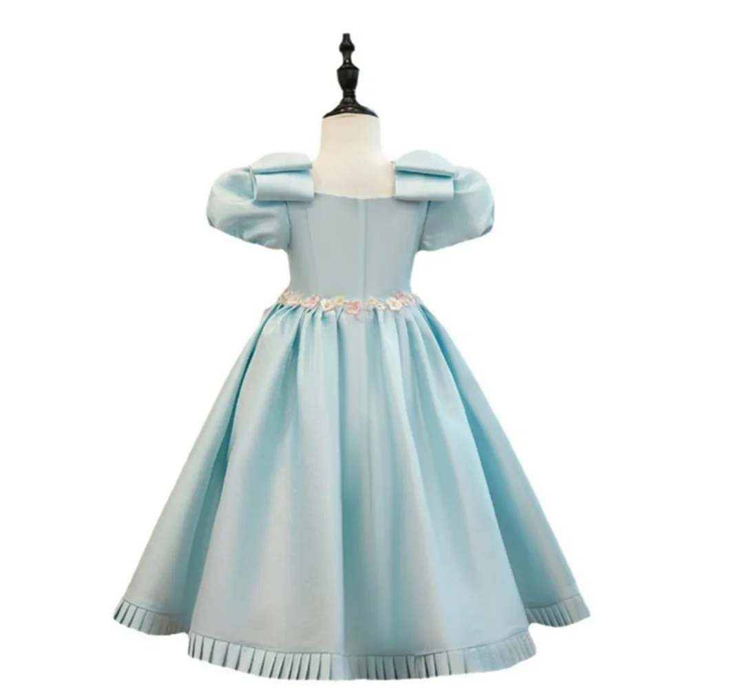 Light Blue Square Neck Puff Sleeves A-line Dresses For Girls Performance Activities Charming Beads Princess Gown Birthday Party