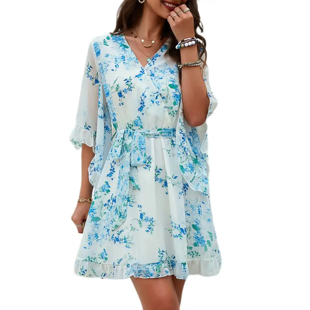 Printed Dress Printed Mini Dress Floral Print V Neck Vacation Dress with Lace-up Belt Ruffle Patchwork Three Quarter for Women