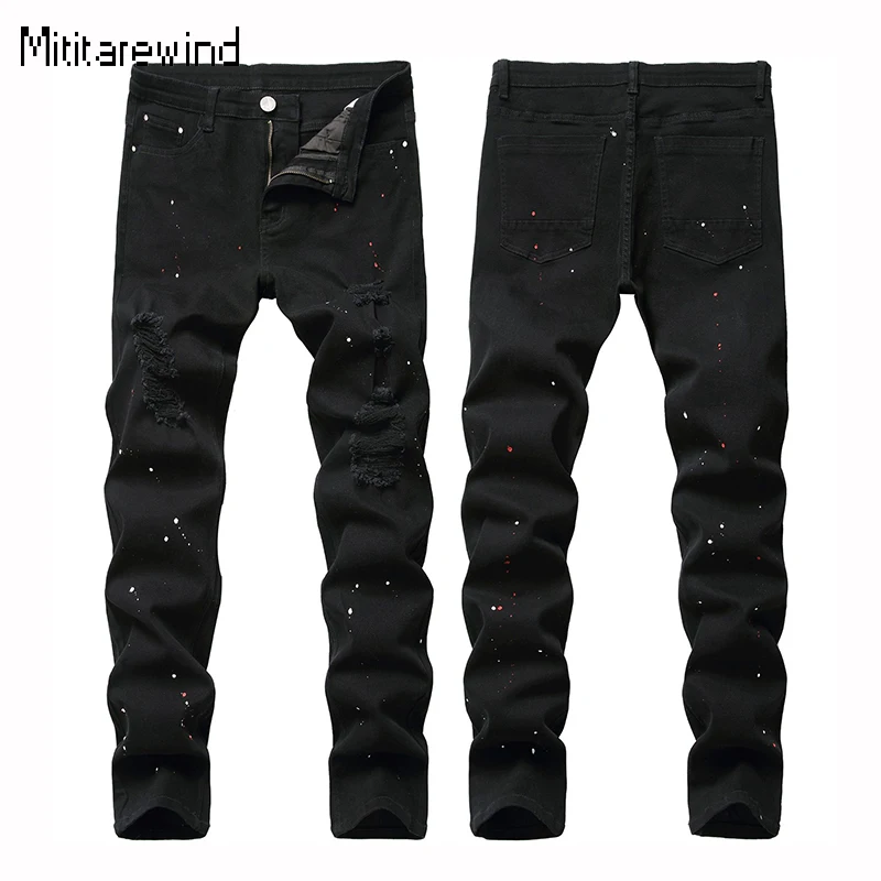 Black Jeans Men Hip Hop Y2k Streetwear Hole Spray Painted Jeans Stretch 95% Cotton Comfortable Skinny Jeans Fashion Slim Jeans