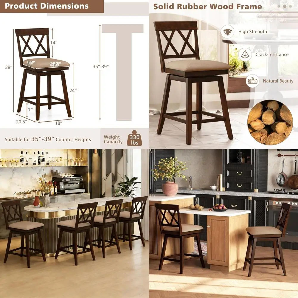 

Set of 4 Kitchen Island Stools, 24 Counter Height with Ergonomic Backrest, Footrest, Padded Seat, Solid Wood, 360° Swivel Armhou
