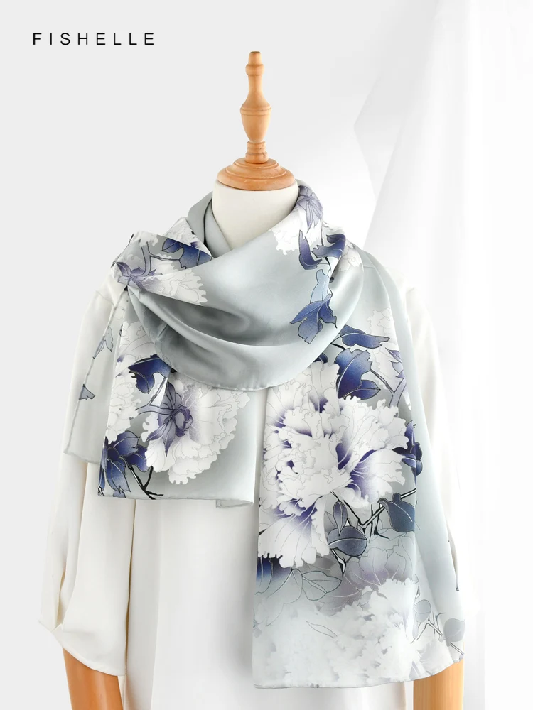 Grey blue Peony 100% natural silk long scarf bandana hijab shawl luxury gift head scarves women wrap high quality neckerchief