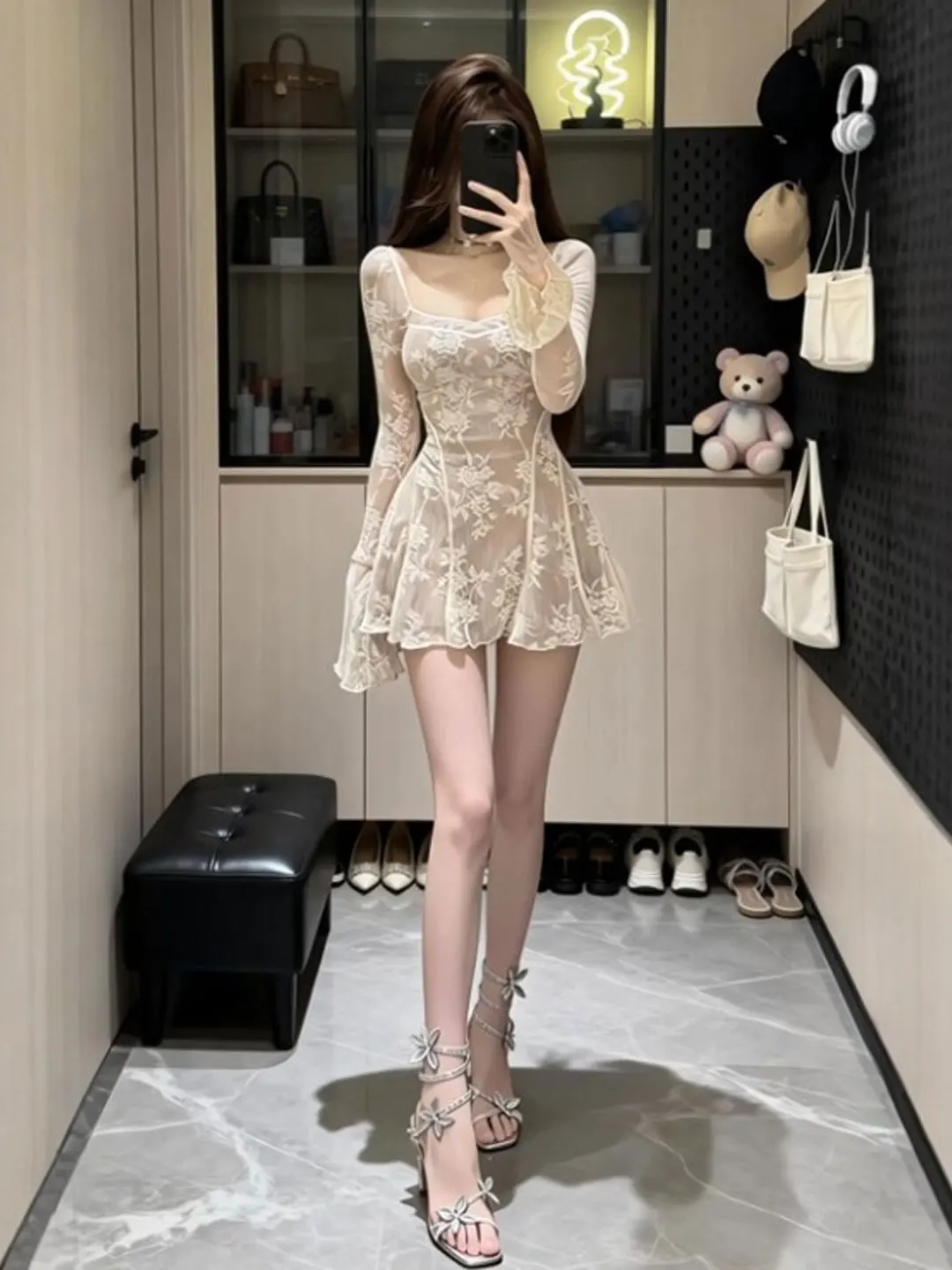 

Gentle Wind Beautiful Lace ort Skirt Slim Fit High Waist Spring New Sle Dr Cotton Material Long Sve Formal Ocn
