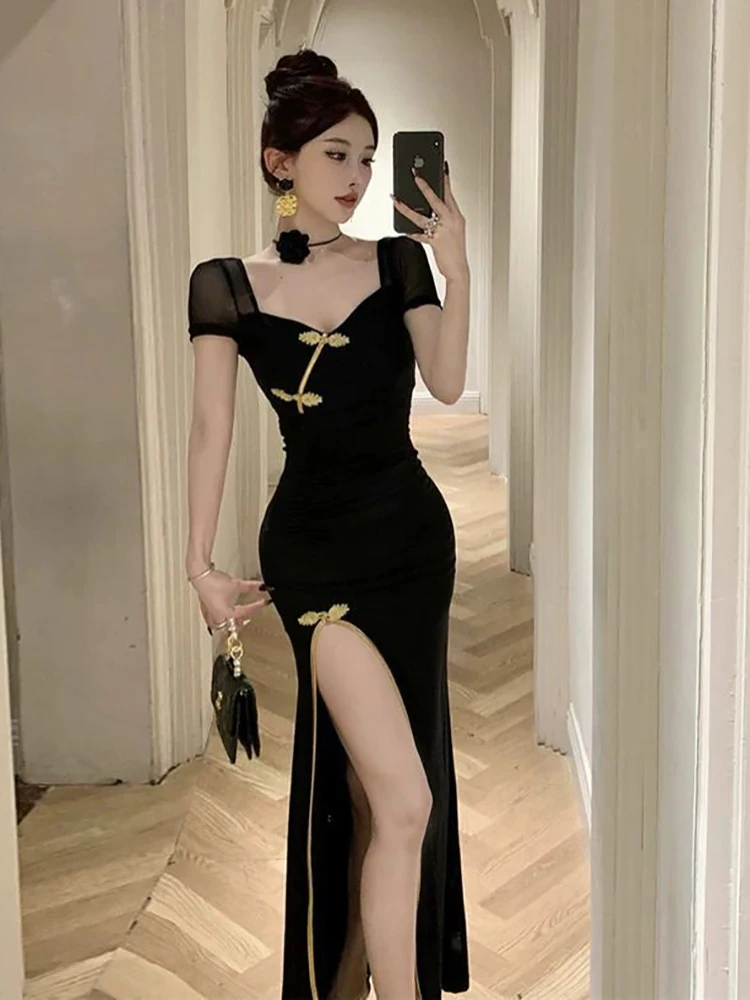 

plus Size Women's Sexy Bodycon Dress Kimono Sleeve Long Summer Dress Slit Design Korean Style Polyester Fiber Square Collar