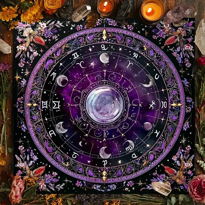 Esoteric Moon Phase Tablecloth - Zodiac Wheel & Crystal Core Print Table Cover for Tarot Card Spreads, Meditation Spaces & Pagan