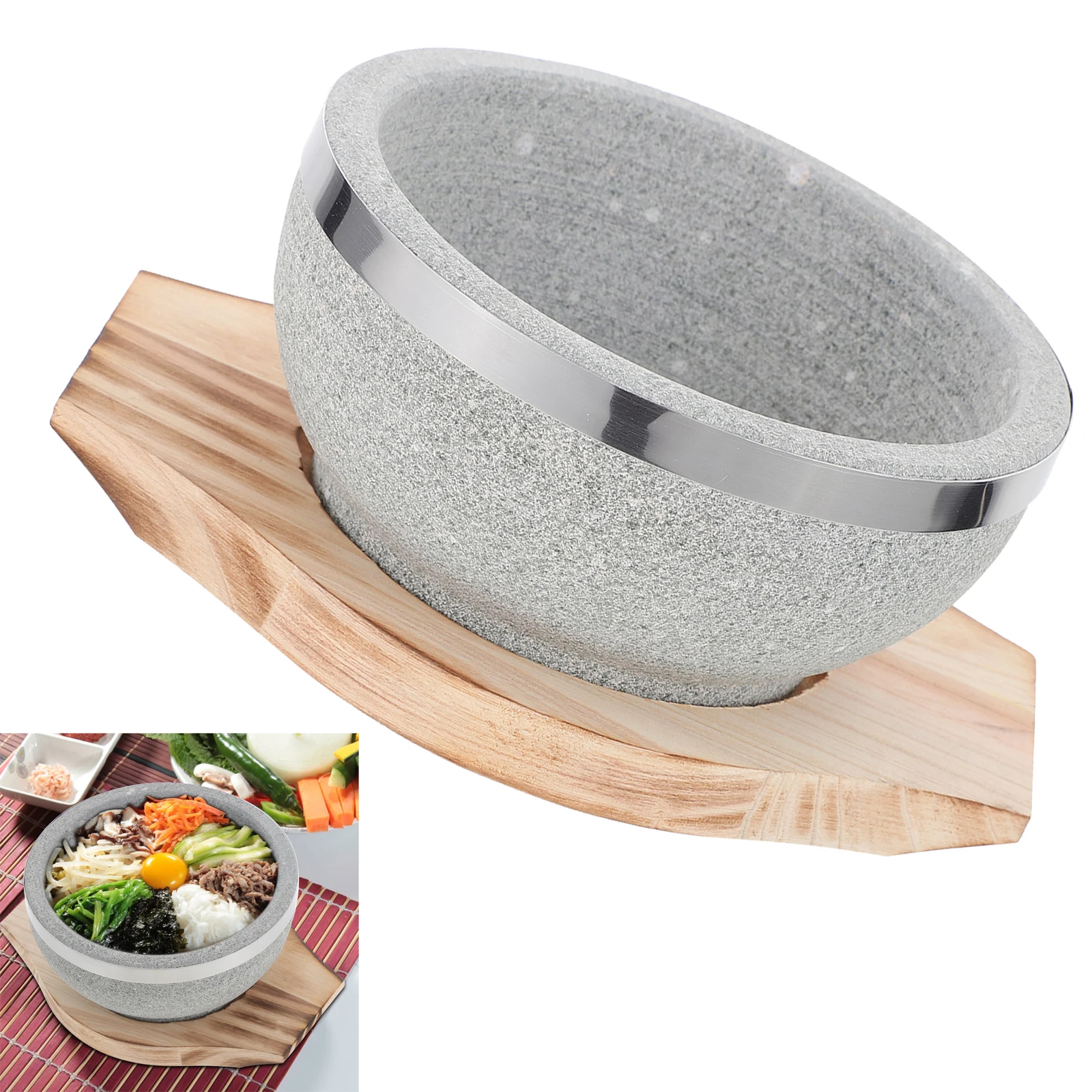

Bibimbap Stone Bowl Set with Wood Base Cooking Pot for Korean Soup Rice Stew Slow Cooking Food Serving Bowl
