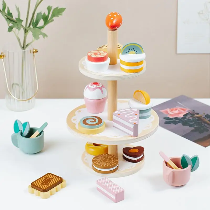 

Tea Party Set Dessert Stand Playset Wooden Toys Pretend Play Food Kitchen Accessories for Toddler Tea Set Birthday Gift