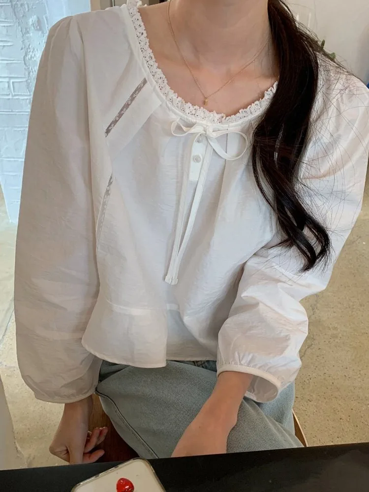 Ch�ng Dongdaemun Spring Summer New Style Women's Short Bubble Sleeve Shirt Lace Trim Collar Bow Tie Korean Style Top
