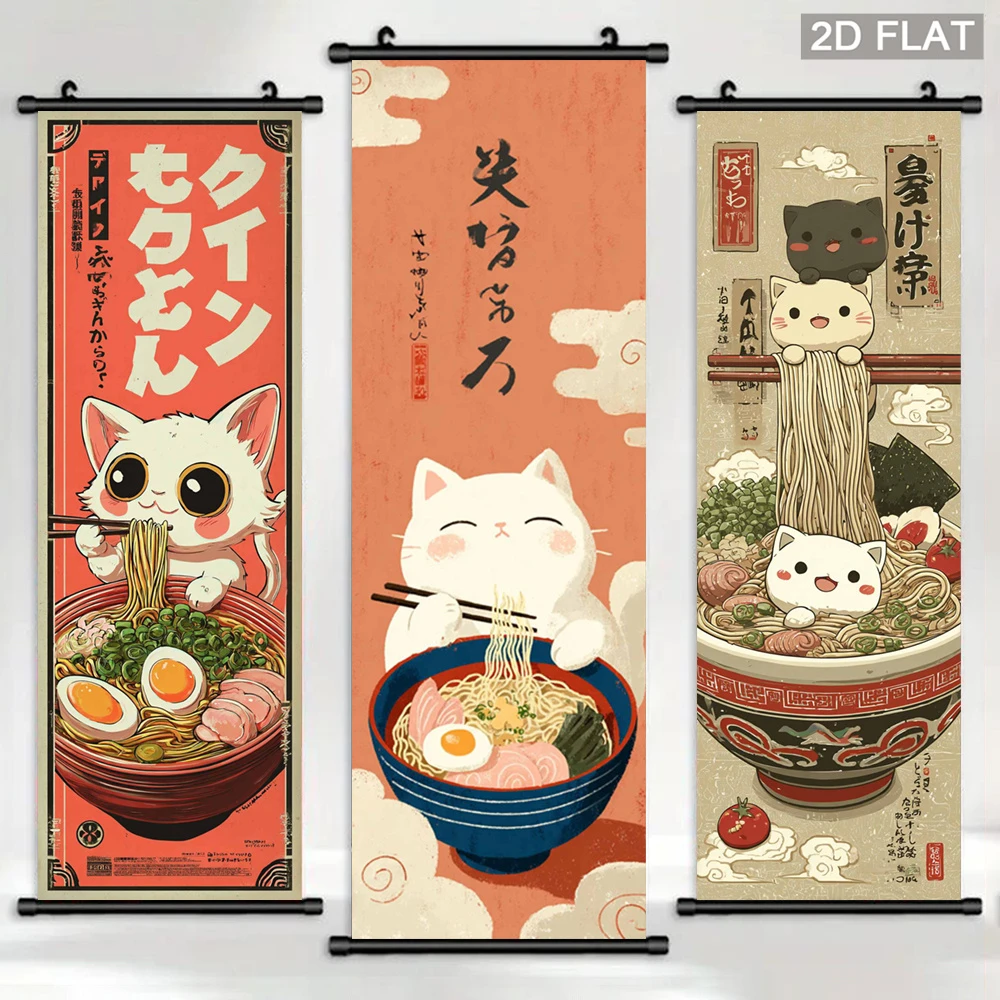 VIKAMA Retro Kitten Scroll Tapestry, Fun Cat Eating Ramen Wall Hanging, Anime Fabric Poster for Kitchen Dining Room Decor